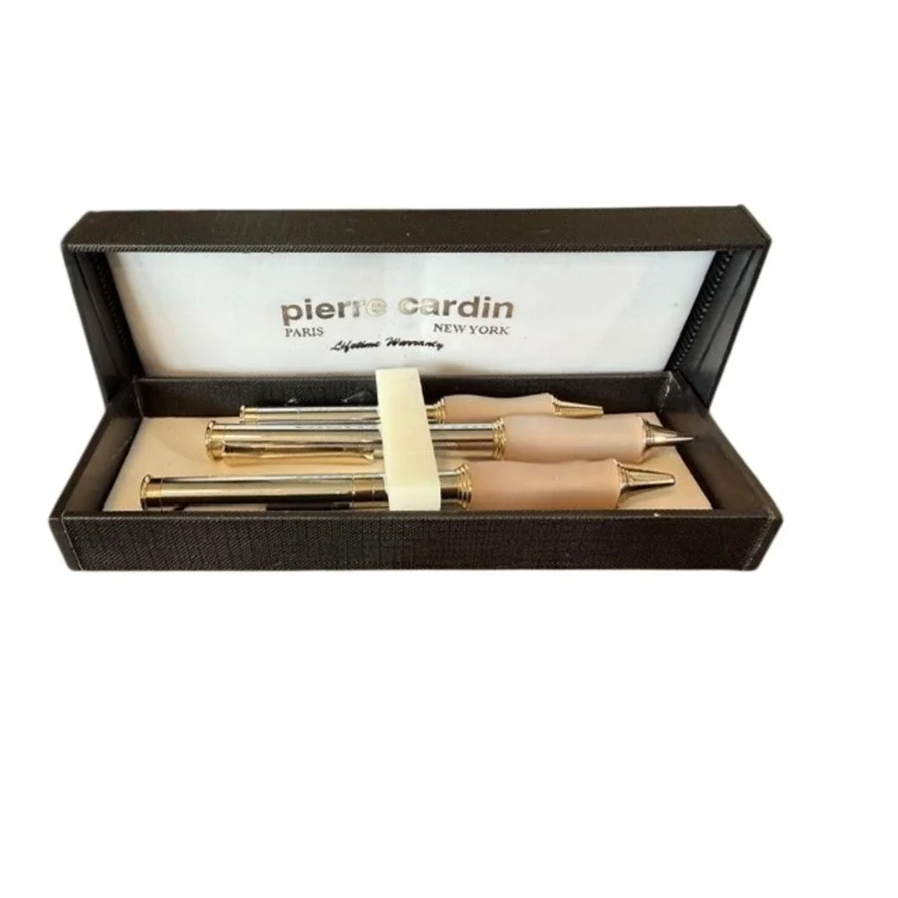 Pierre Cardin Vintage 3 Pc Silver Tan Gold Pens Pencil Stylus Set NIB